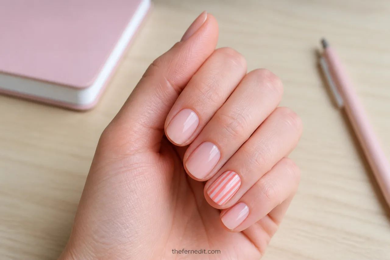 Short blush-pink nails with one coral pencil-stripe accent nail on a pale study desk.