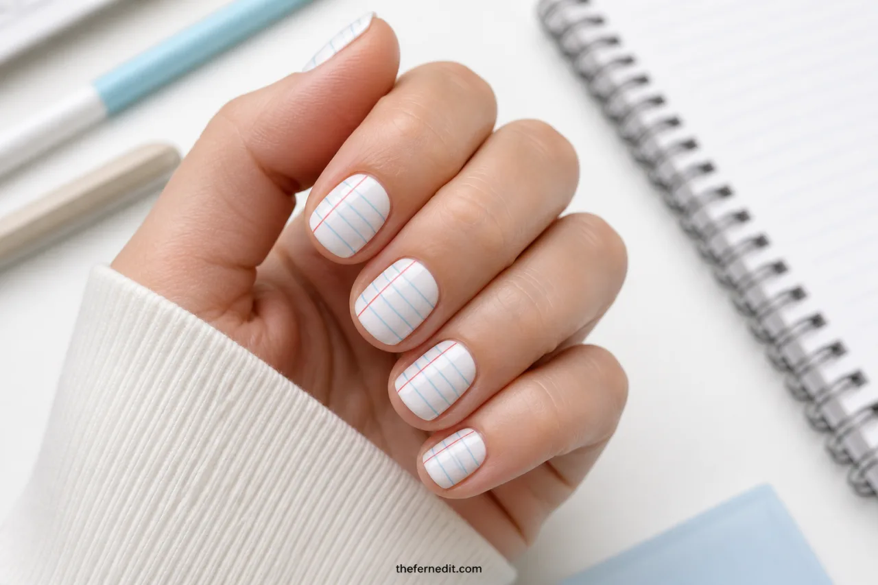 Short white back-to-school nails painted with fine blue notebook lines and a red margin detail.