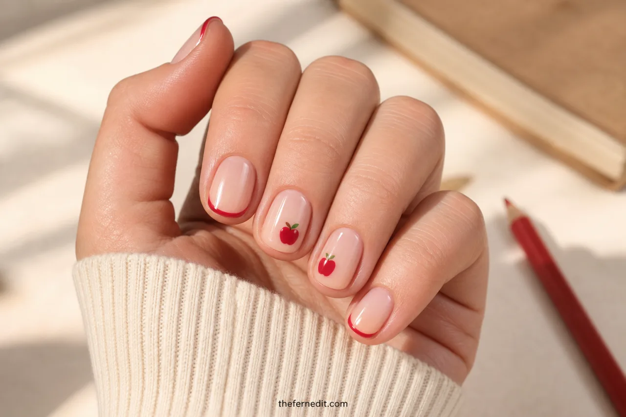 Short milky-nude nails with red micro tips and two tiny apple accents.