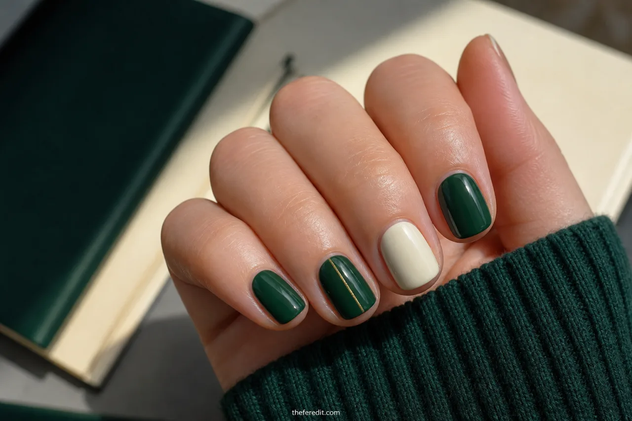 Short square nails in forest green and cream with a restrained gold pinstripe accent.
