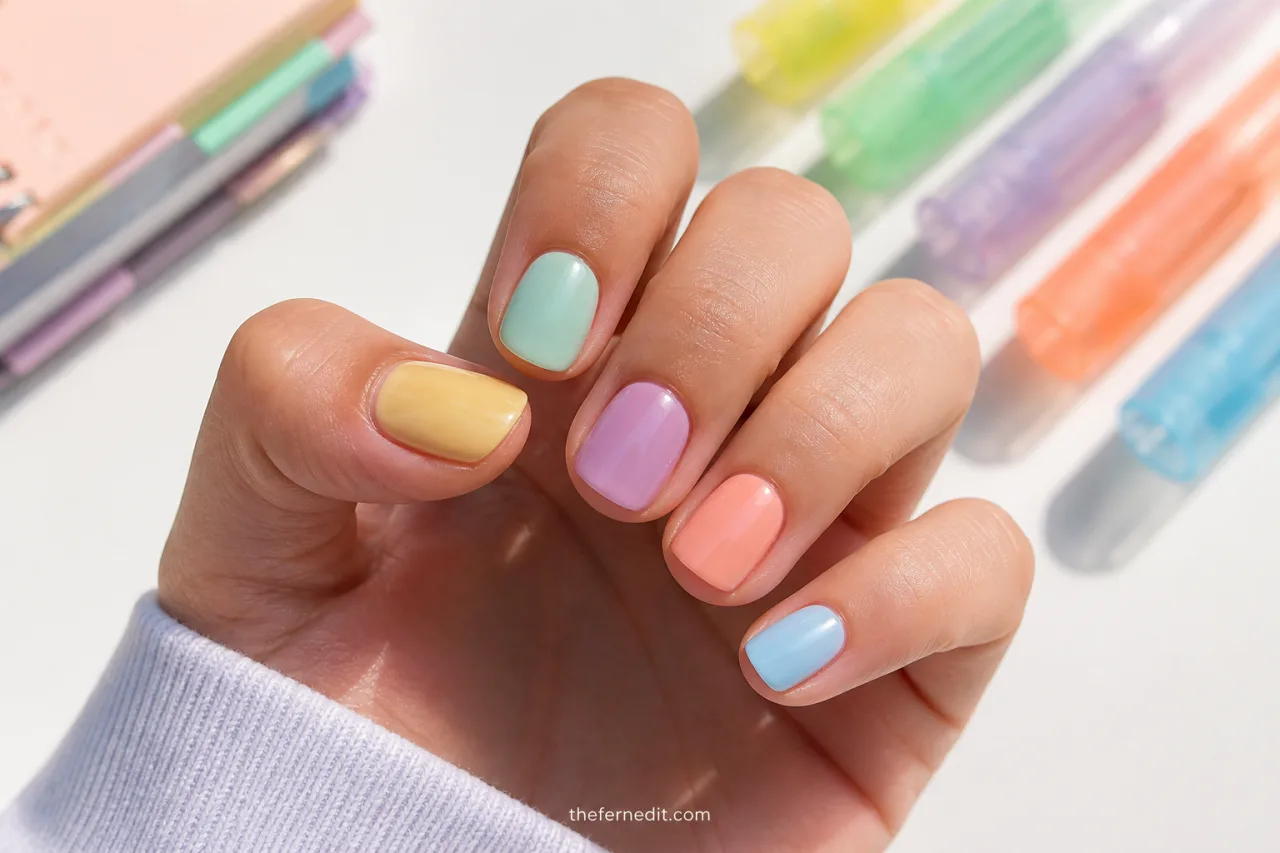 Short glossy nails in five pastel highlighter colors beside translucent school supplies.