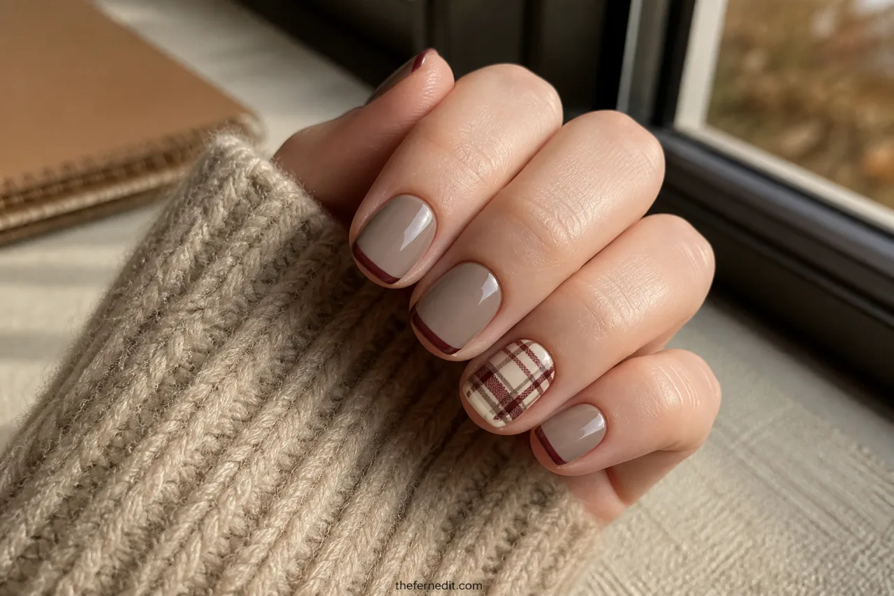 Short taupe nails with burgundy micro tips and one cream-and-burgundy plaid accent.