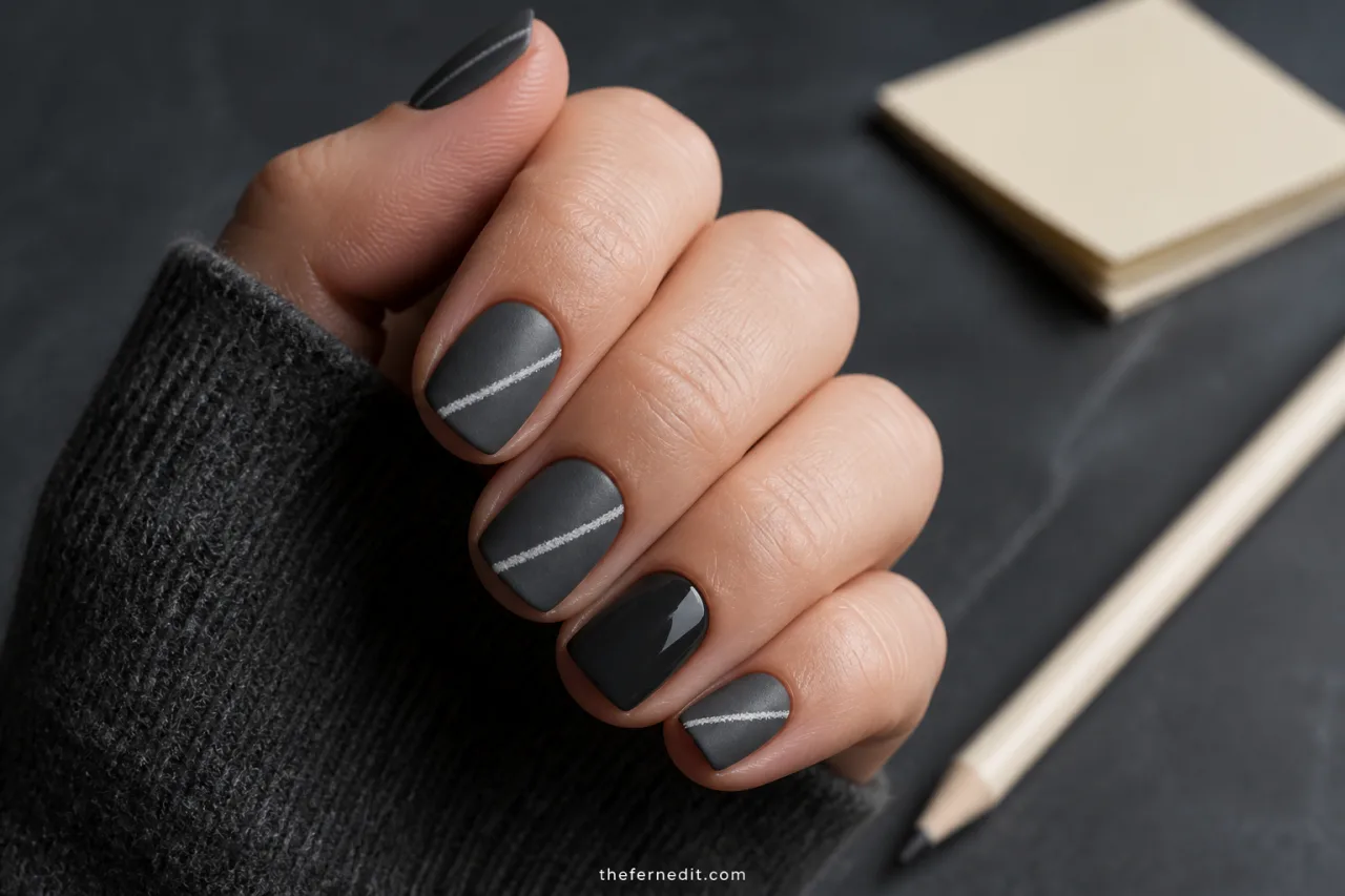 Short matte charcoal nails with fine off-white chalk lines and one glossy black accent.