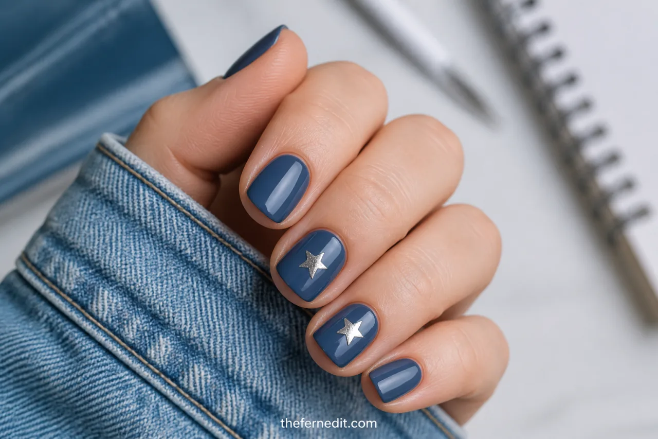 Short denim-blue school nails with small silver star accents and a denim sleeve.