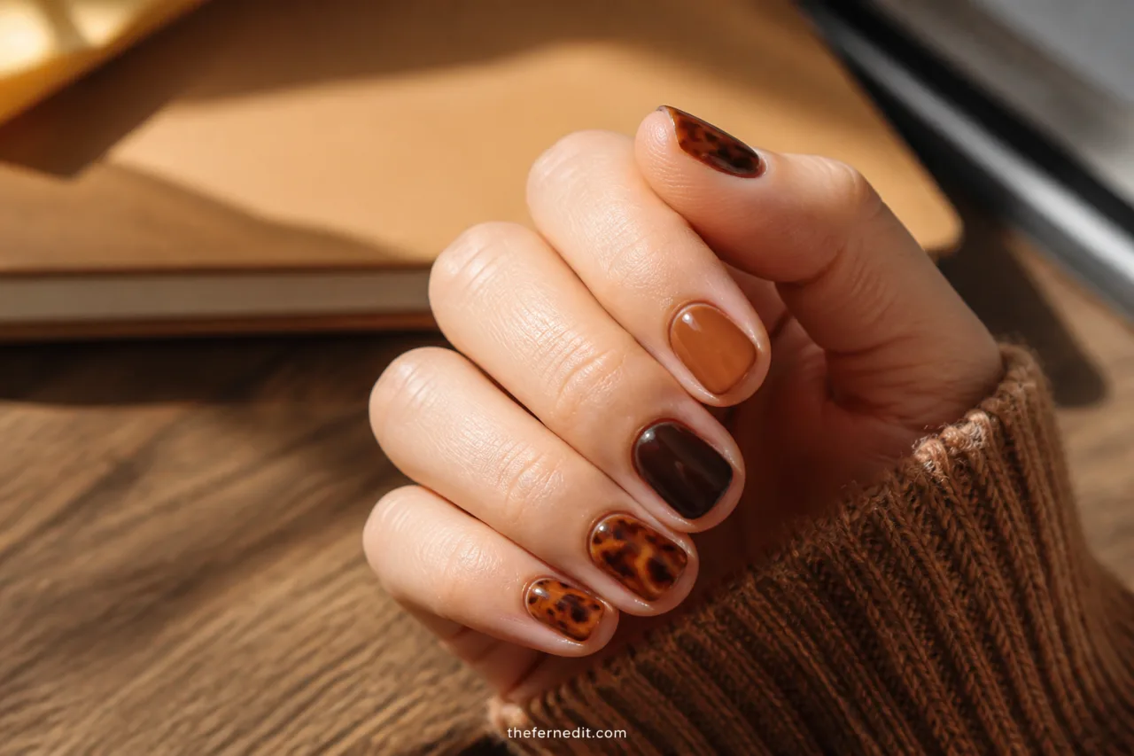 Short caramel and chocolate nails with glossy tortoiseshell accents on a warm study desk.