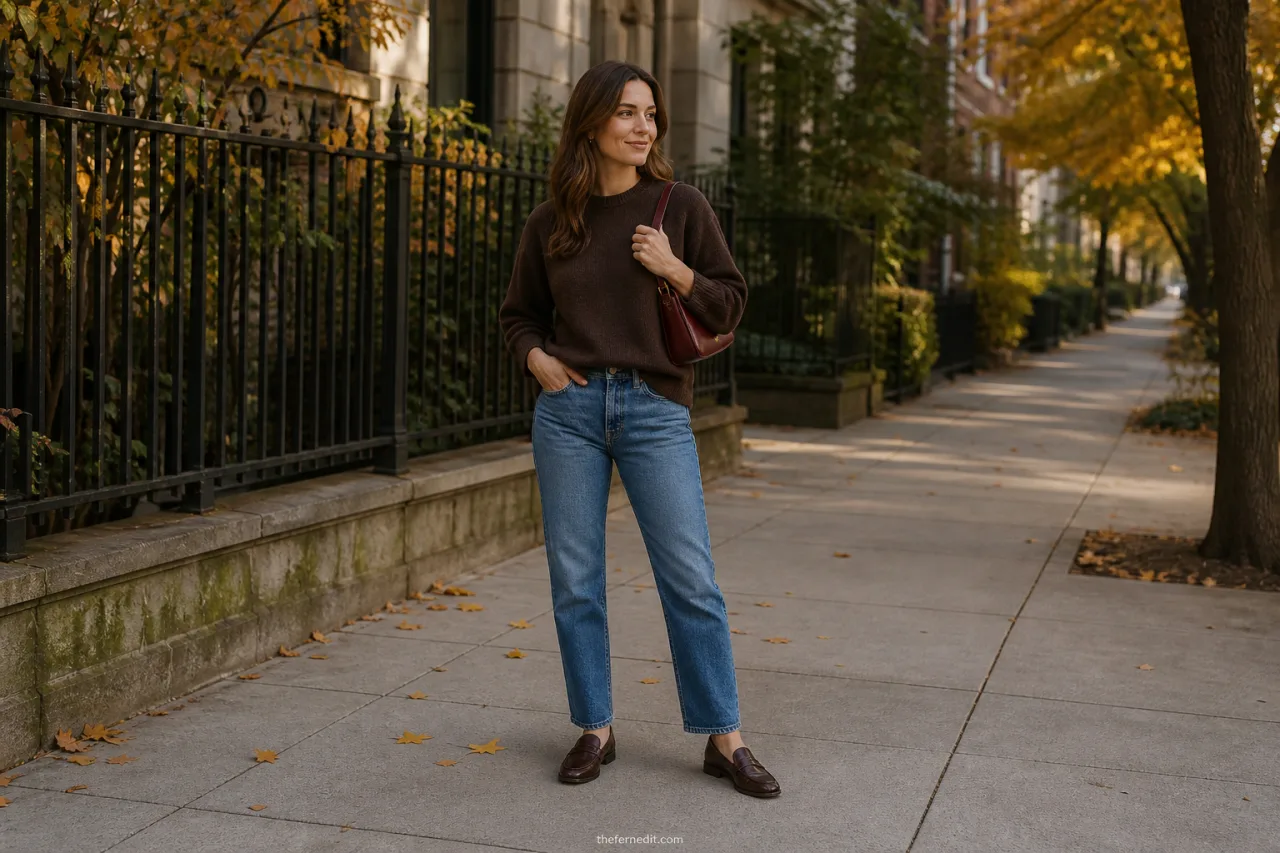 Woman wearing a chocolate crewneck sweater, straight-leg blue jeans, dark loafers, and a burgundy shoulder bag on a fall city street.