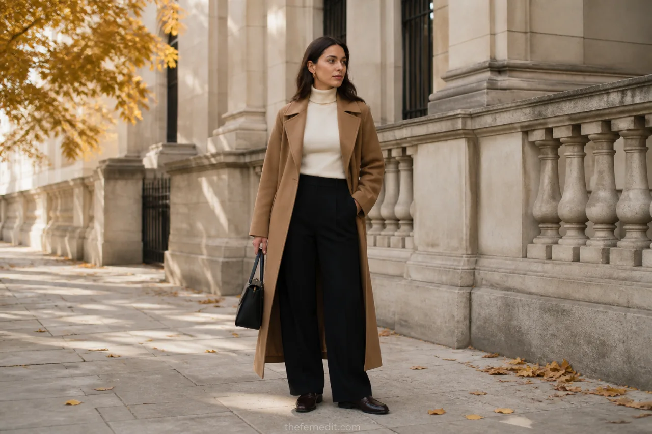 Woman in a camel trench coat over a cream turtleneck and black tailored trousers with loafers and a structured handbag.