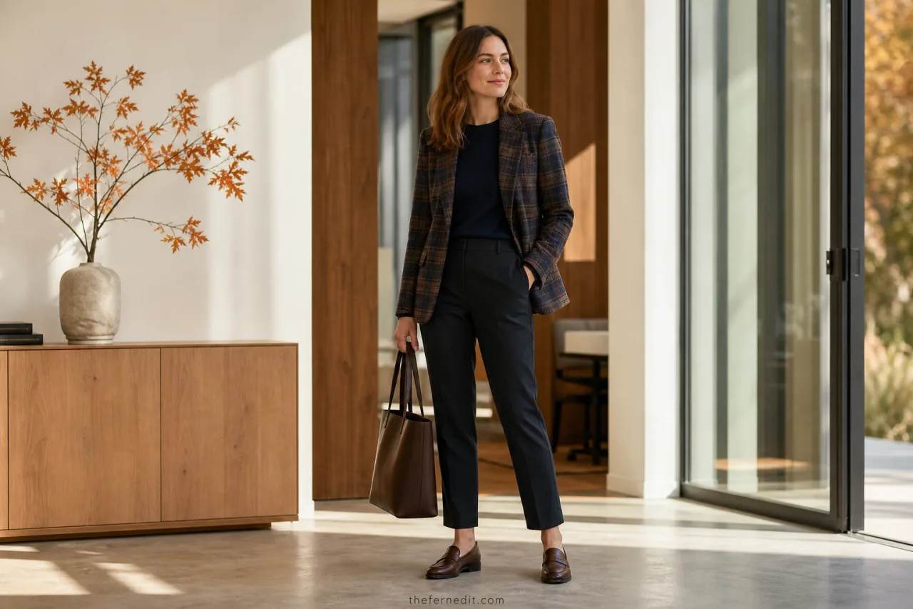 Woman wearing a brown-and-navy plaid blazer, navy knit top, dark ankle trousers, leather loafers, and a work tote.