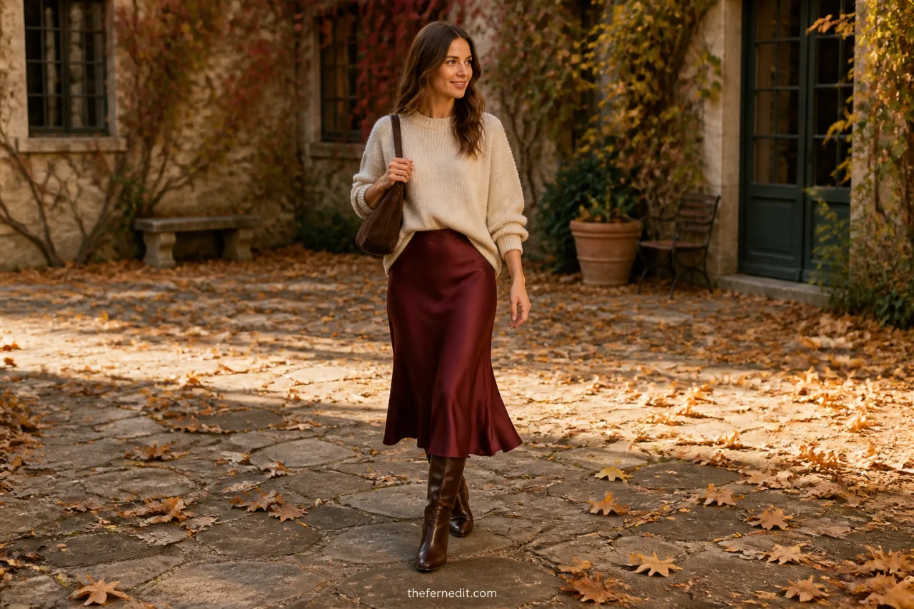 Woman in an oversized oatmeal sweater, burgundy satin midi skirt, dark-brown knee boots, and a small suede handbag.