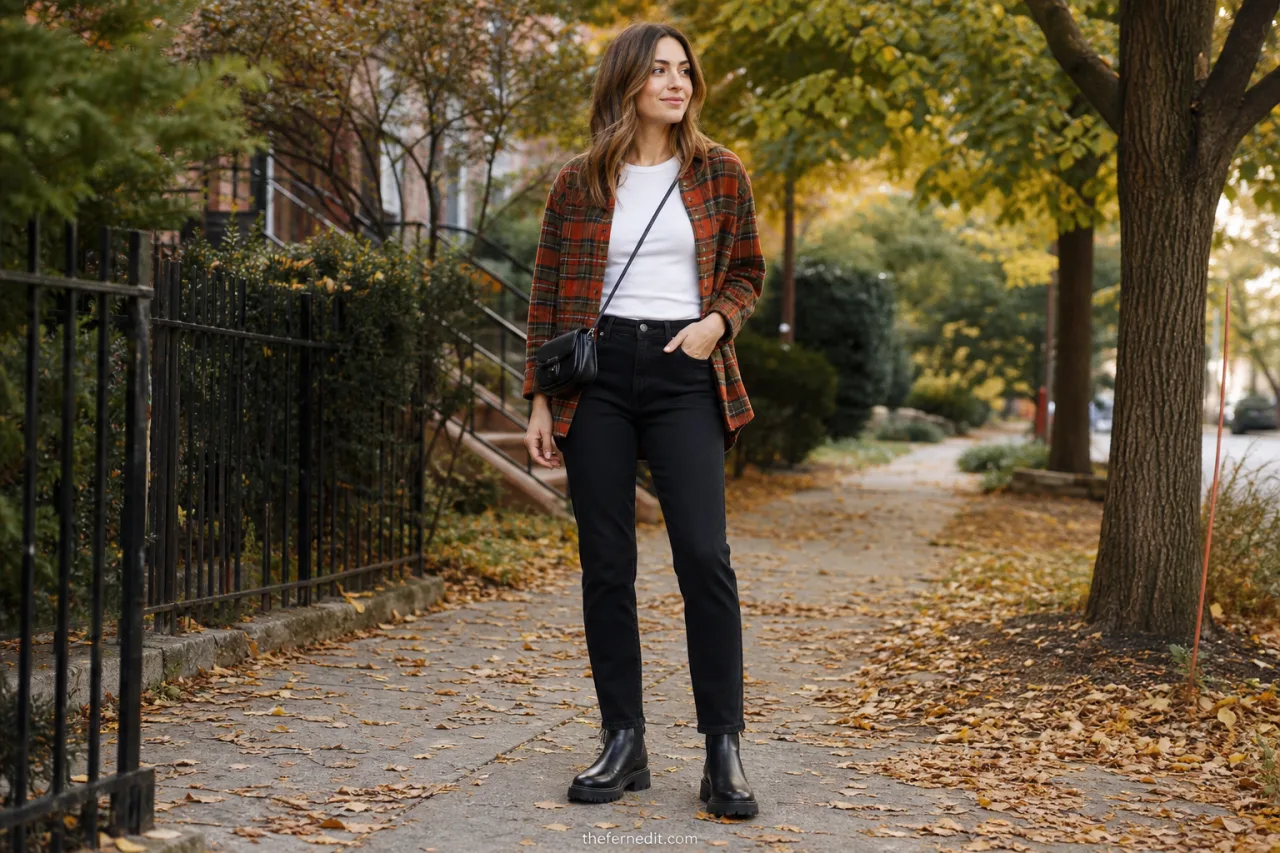 Woman wearing a rust-and-olive flannel overshirt over a white tee with straight black jeans, lug boots, and a crossbody bag.