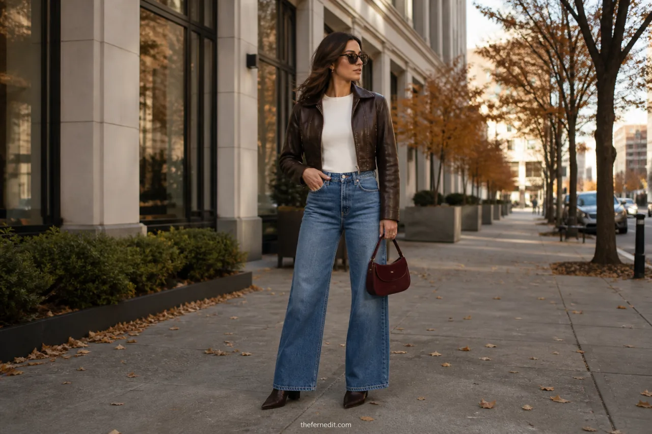 Woman in an espresso cropped leather jacket, ivory tee, wide-leg blue jeans, pointed ankle boots, and a burgundy mini bag.