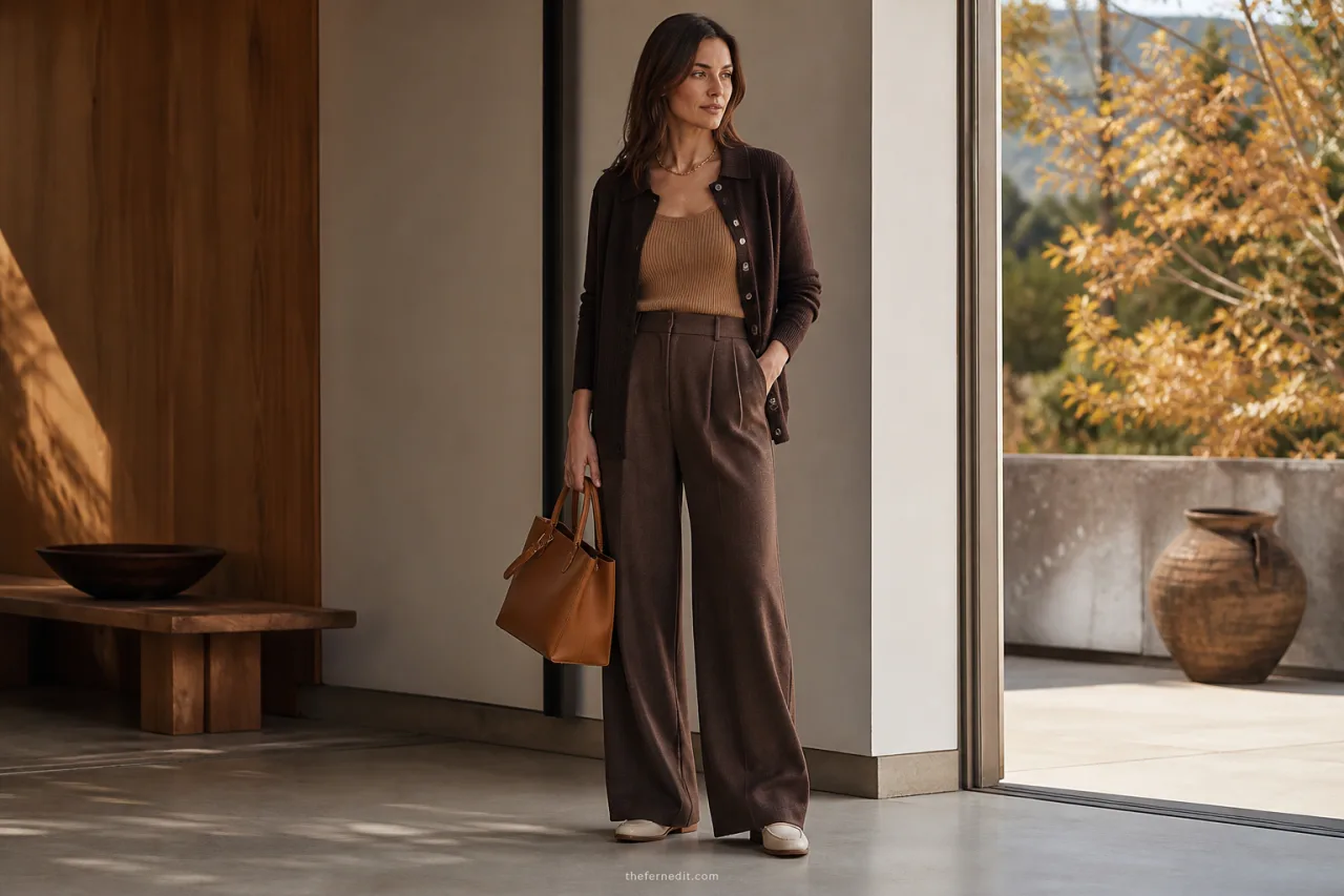 Woman wearing a deep-chocolate cardigan, cocoa wide-leg trousers, caramel top, cream loafers, and a cream handbag.