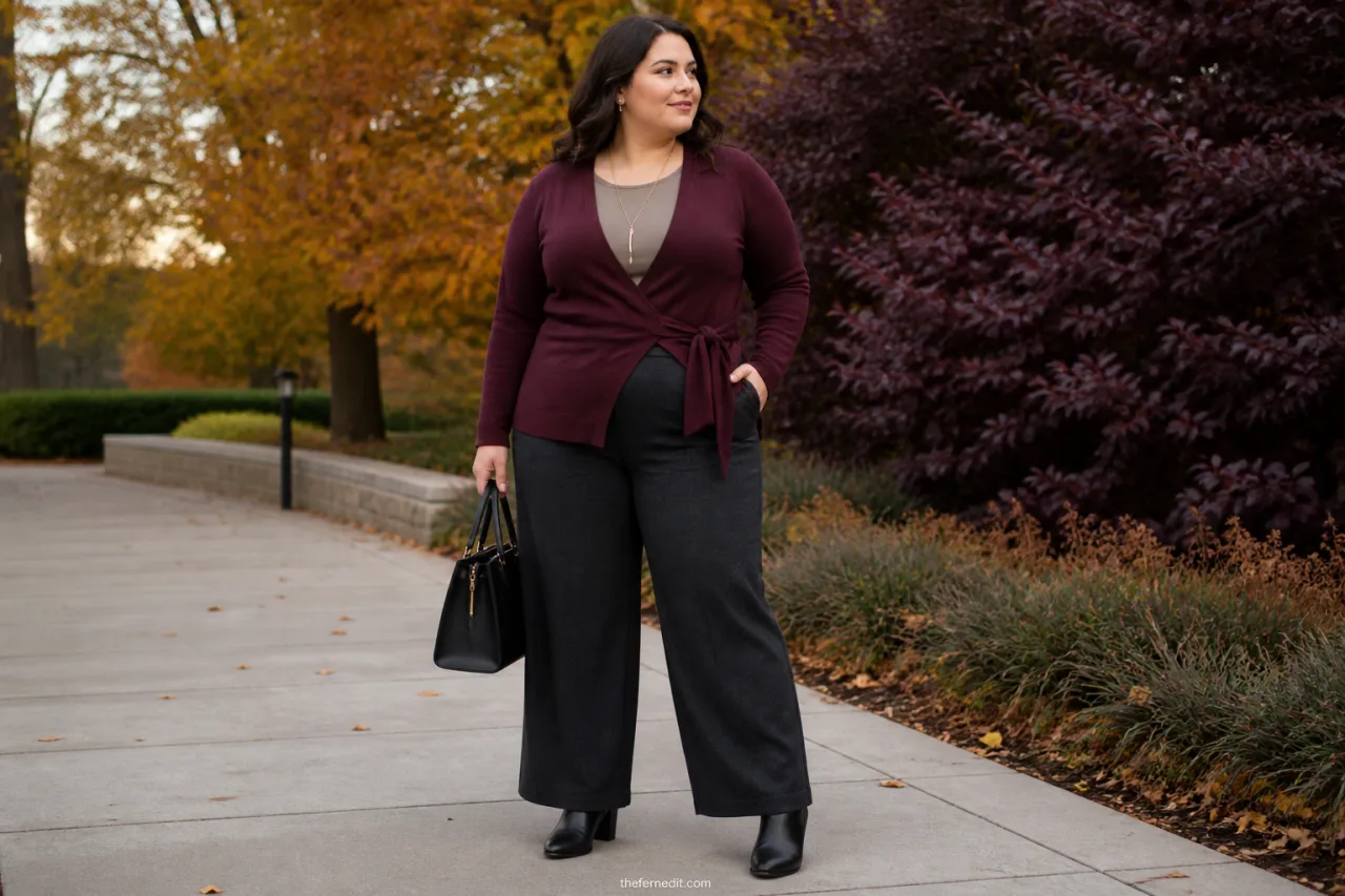 Plus-size woman wearing a burgundy wrap cardigan, neutral shell, charcoal wide-leg trousers, block-heel ankle boots, and a structured bag.