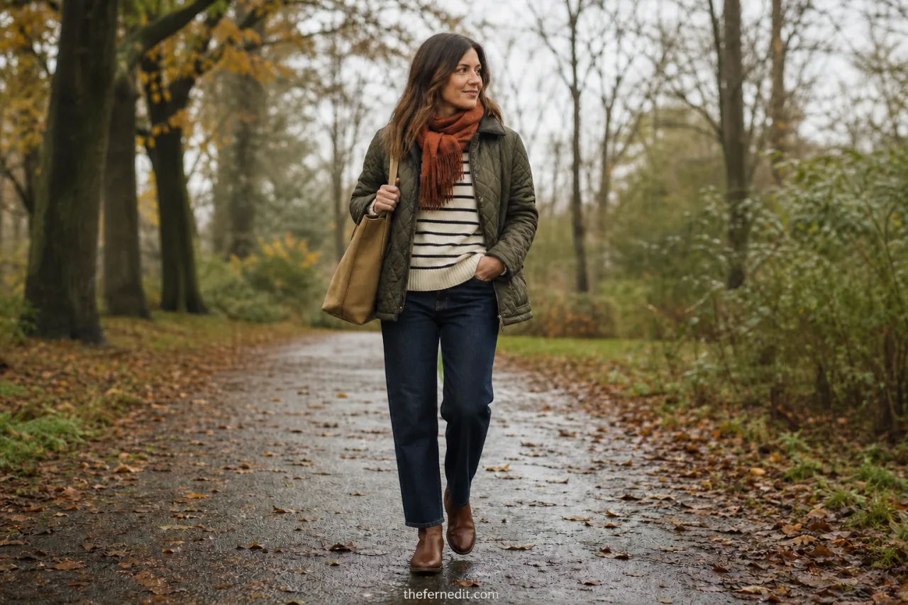 Woman in an olive quilted jacket, cream-and-navy striped sweater, dark straight-leg jeans, waterproof brown ankle boots, and a tan tote.