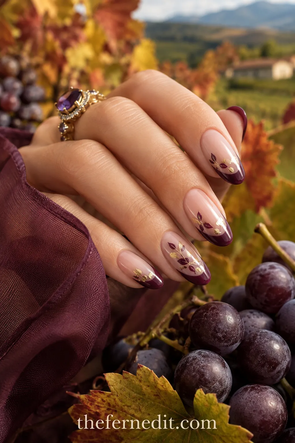 Wine-Red French Tips with Gold Leaf — September French Tip Nails: 10 Fall-Ready Ideas
