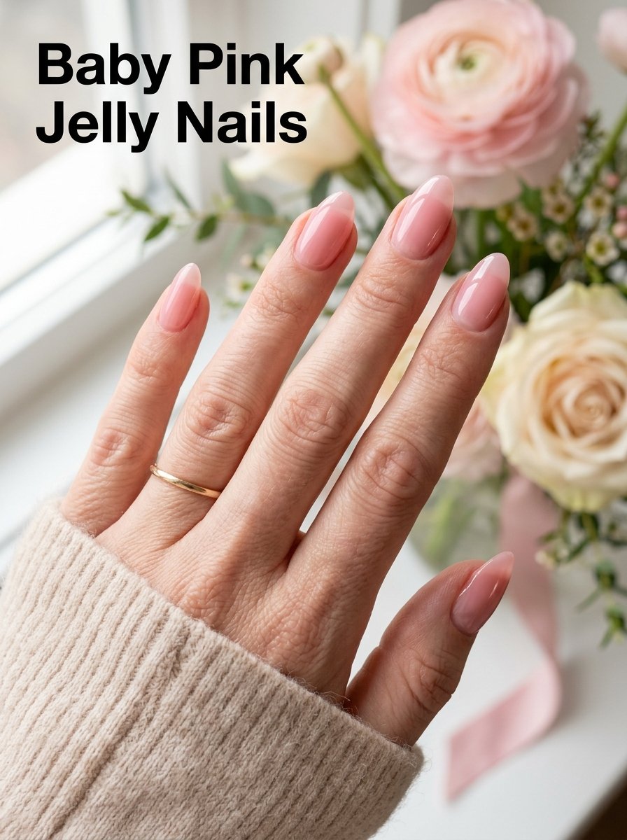 Woman displaying baby pink nails
