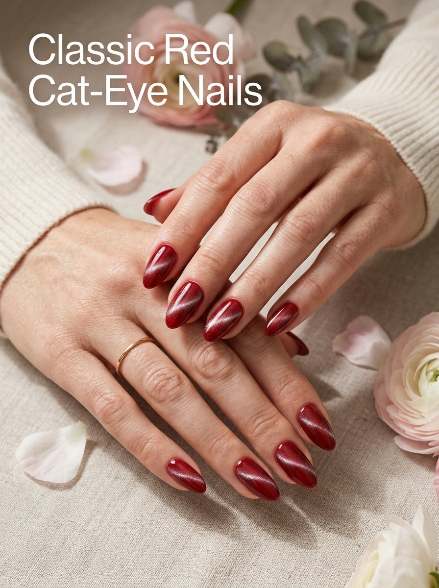 Woman displaying red cat eye nails