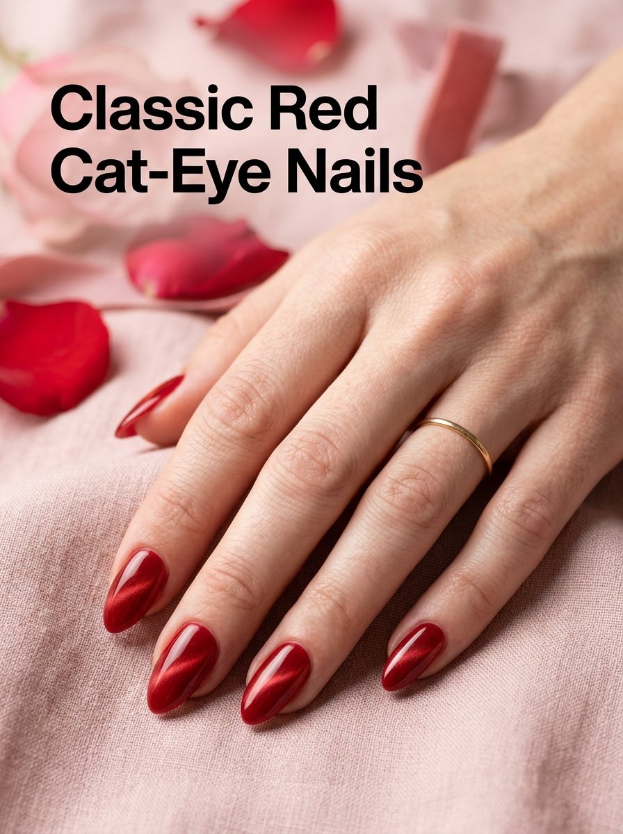 Woman displaying red cat eye nails