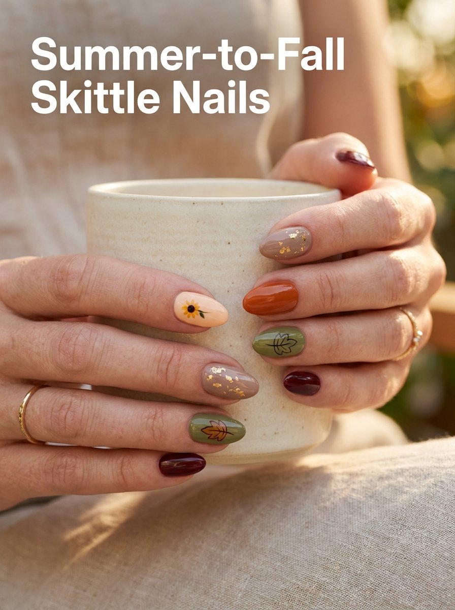 Woman displaying skittle nail ma