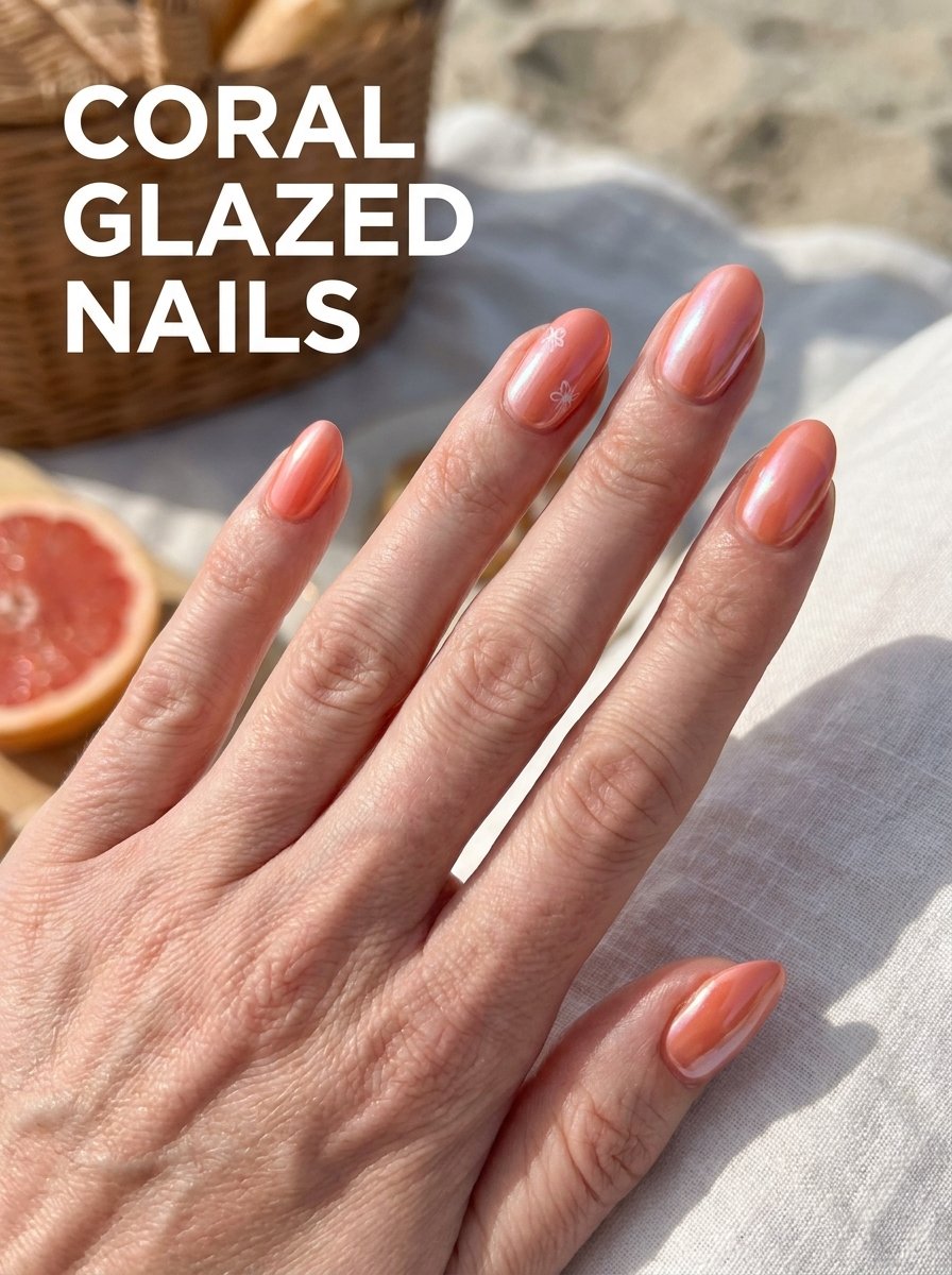Woman showing coral glazed nails