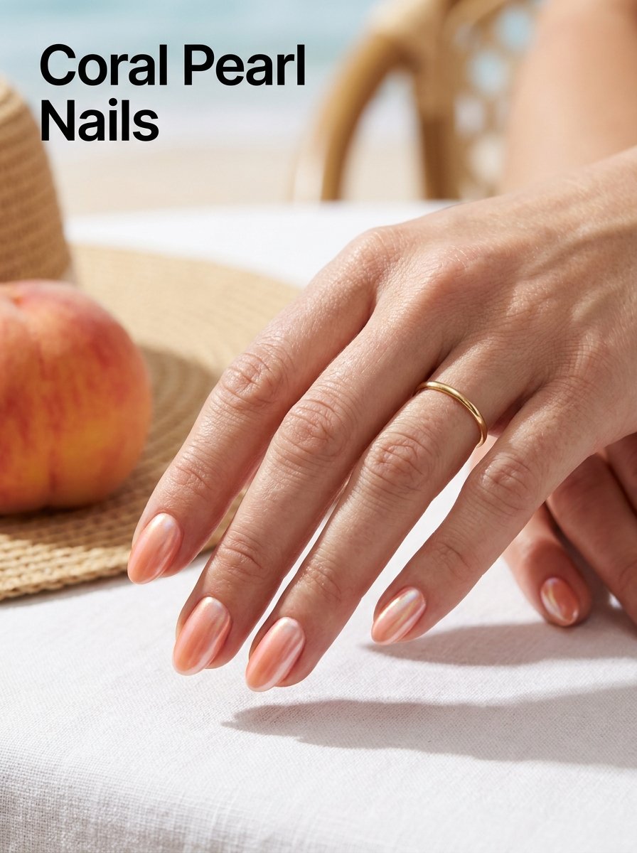 Woman showing coral pearl nails