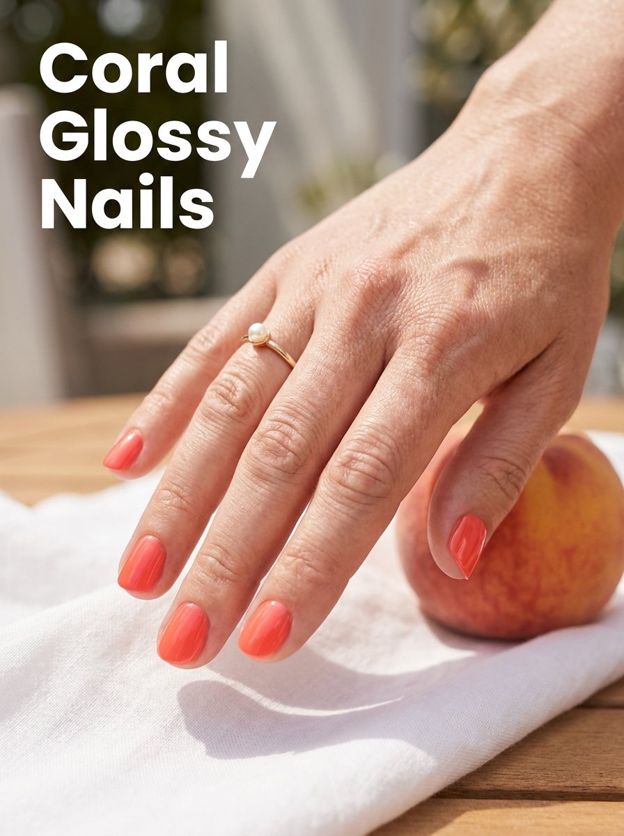 Woman wearing coral glossy nails